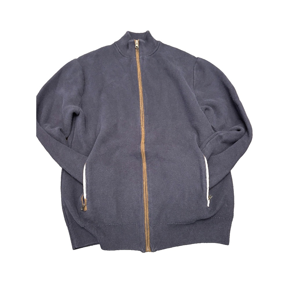 Chaps Navy Cardigan Sweater With leather edging‎ full zipper pockets medium mens